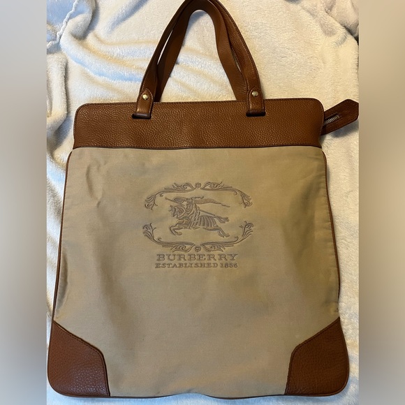 Burberry Handbags - Burberry Stowell roll up tote bag in tan leather and wheat coloured canvas.